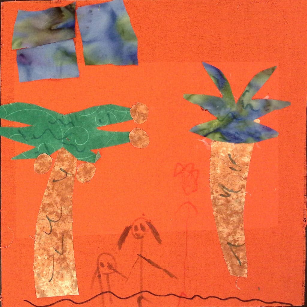Palm or coconut trees on an orange background, stick figures of people swimming.