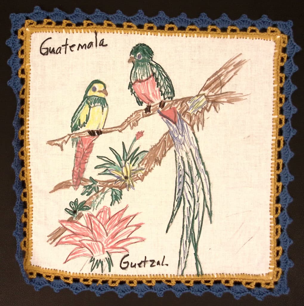 Blue and gold border, tropical birds "Guatemala"
