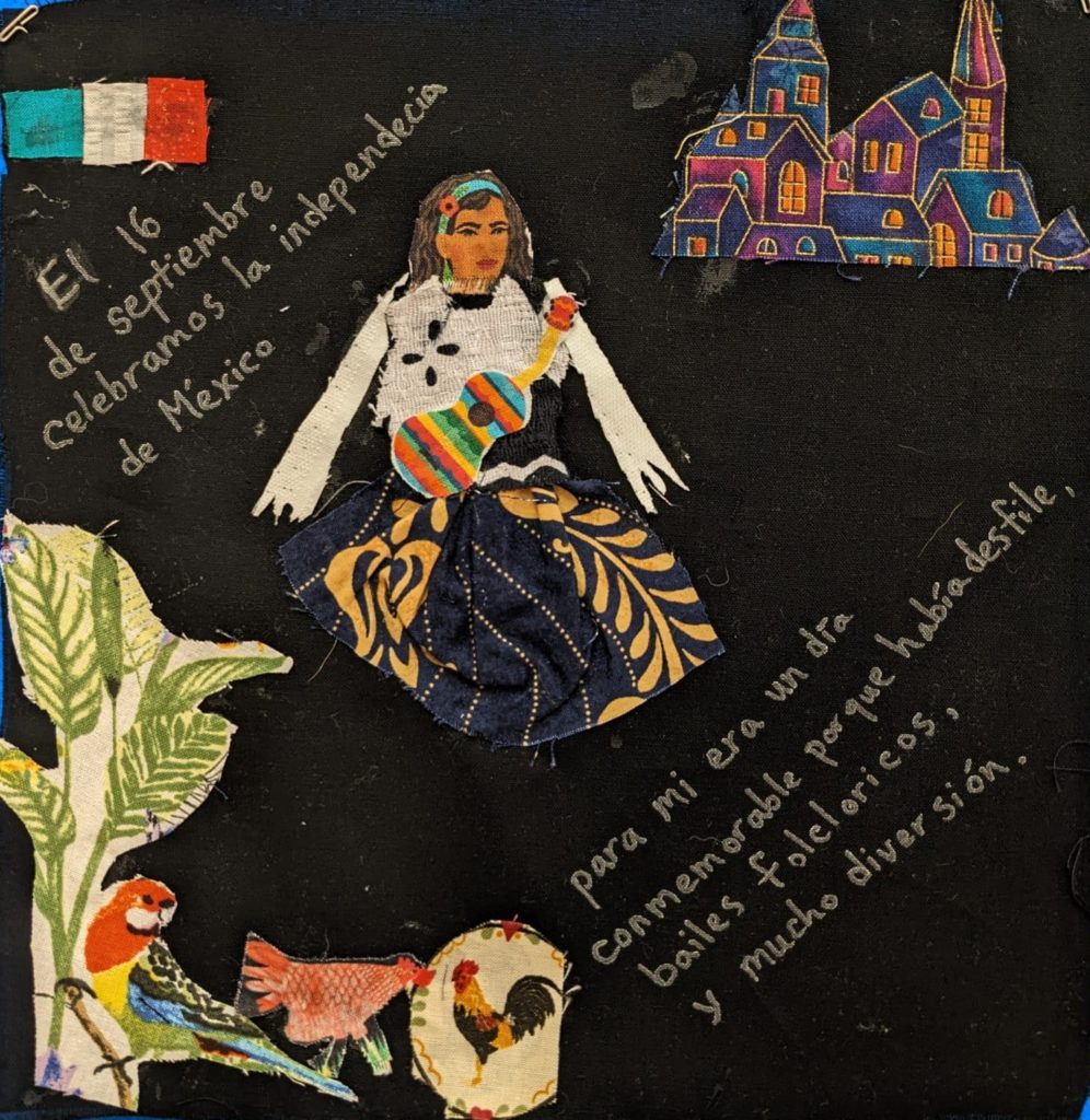 A woman with a blue headband and elaborate blue and yellow skirt, the Mexican flag, and a parrot and birds in the left corner.
