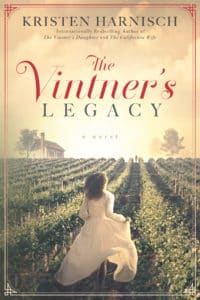 Cover of the Vintner's Legacy showing a woman in a white dress running through a vineyard