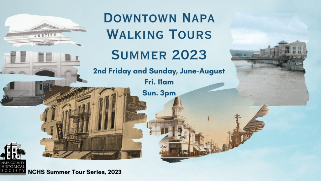 Downtown Walking Tour poster showing historic courthouse, Napa Opera House, Winship Building, and the Napa River.