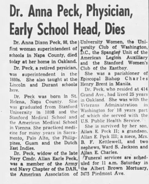 Newspaper article from the Napa Register about the death of Dr. Anna Peck.