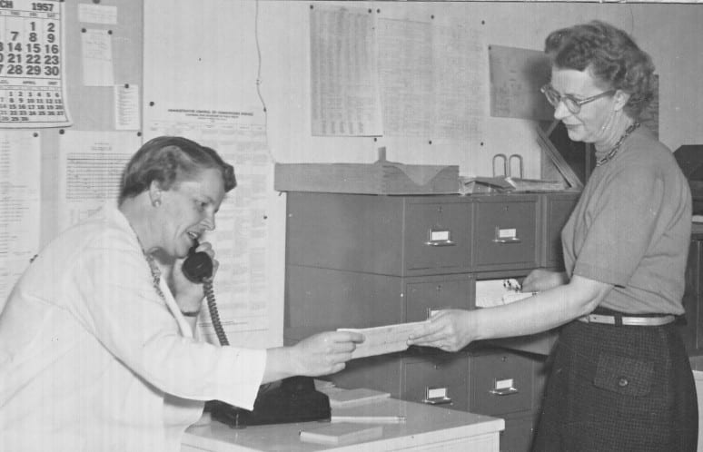 School nurse Jeanette McCain and school secretary Ruth Northrop. NCHS Photo Collection.