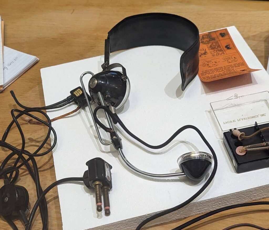 A Bell telephone operator headset circa 1970, with replacement ear pieces and instructions.
