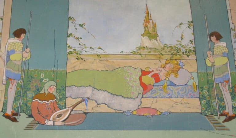 One of the murals Louise Tessin Roats painted at Shearer School. This artwork seems to depict sleeping beauty, with a woman lying asleep in a bed with two men standing to the sides.