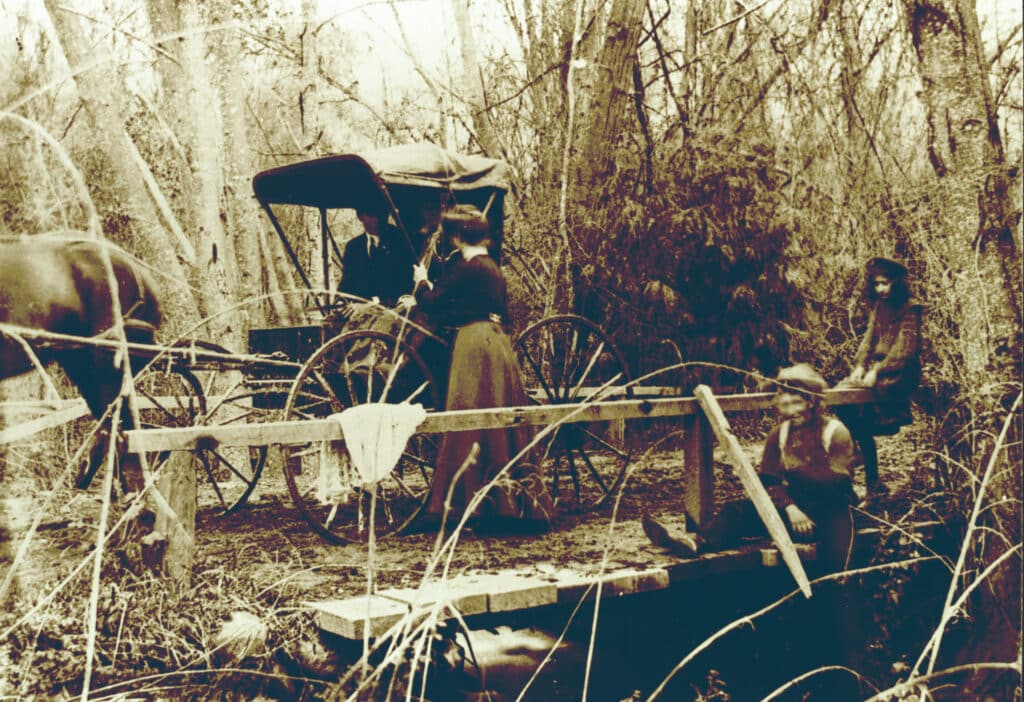 People standing near a horse and buggy in a wooded area near the Bridge at Shady Brook.