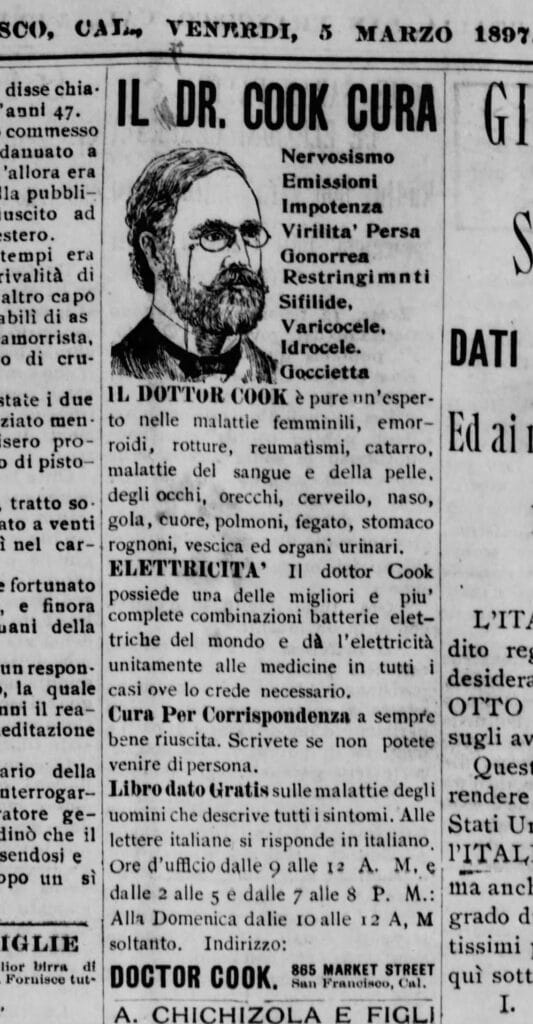 An advertisement written in Italian for a cure by Dr. Cook.