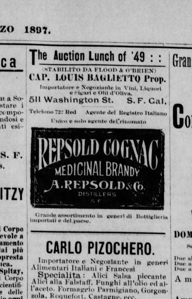 Advertisement for Repsold Cognac Medicinal Brandy, by A. Repsold & Co. distillers, San Francisco.