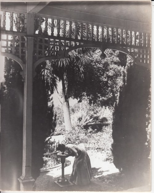 A woman drinks from the water fountain at Napa Soda Springs.