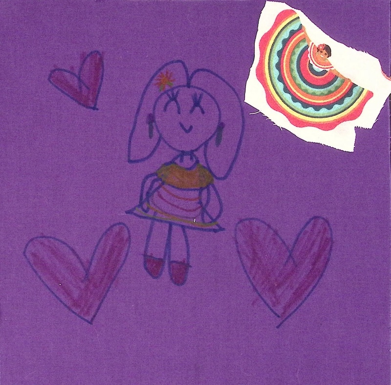 purple background with red hearts and a girl wearing a dancing dress