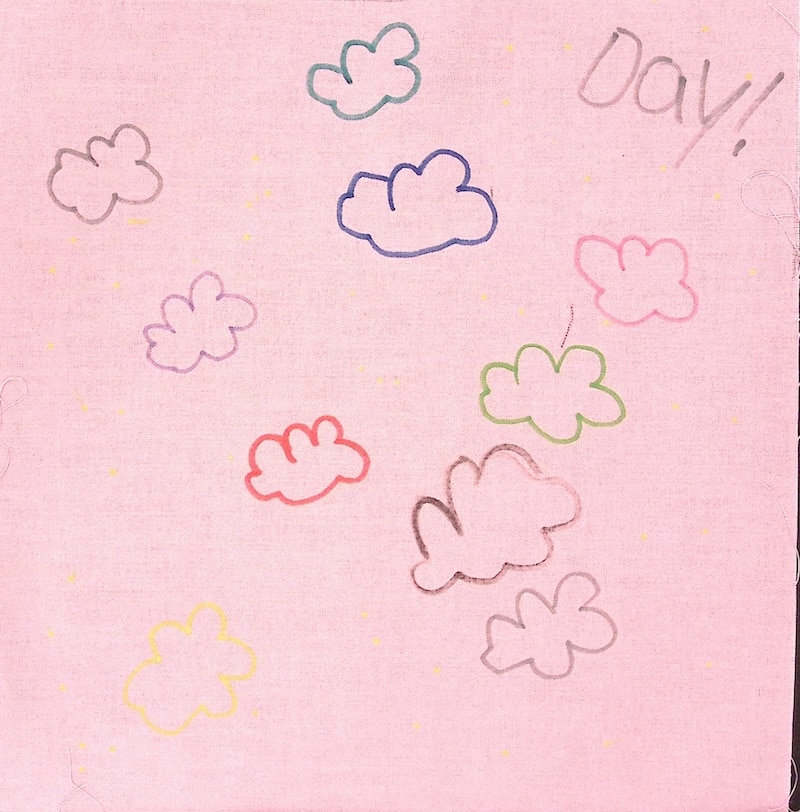Light pink square with multicolored clouds, the word "Day!"