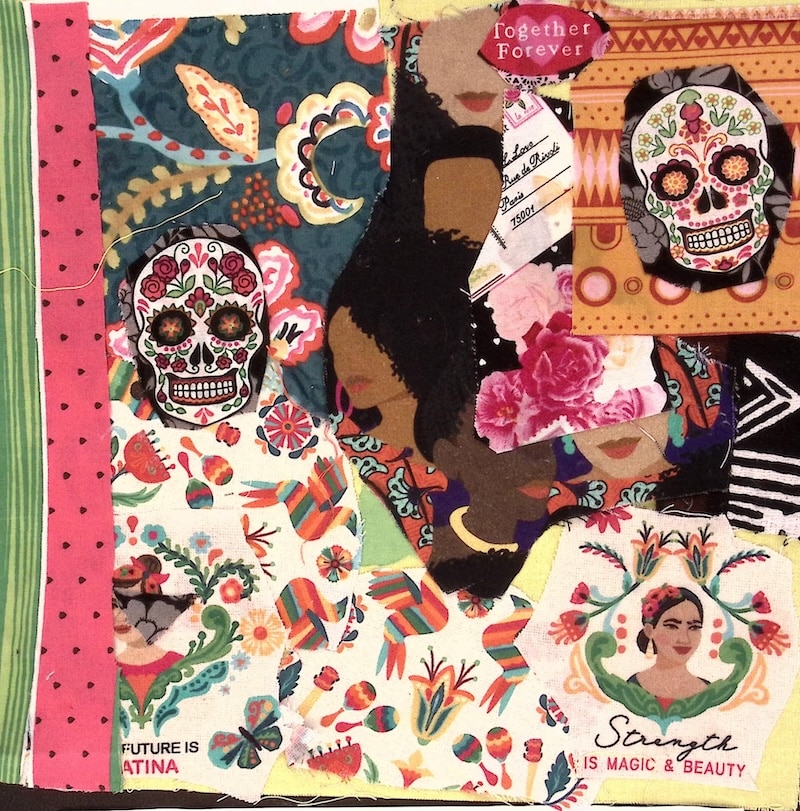 A multicolored square with watermelon border, people, and skulls