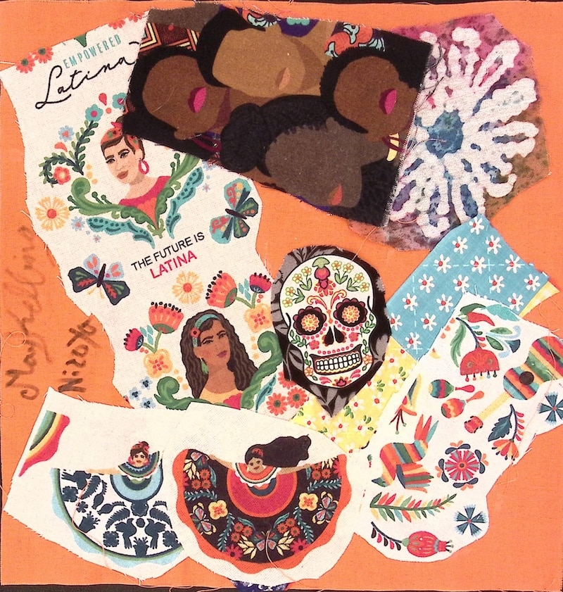 Orange square with dancers, skulls, and faces
