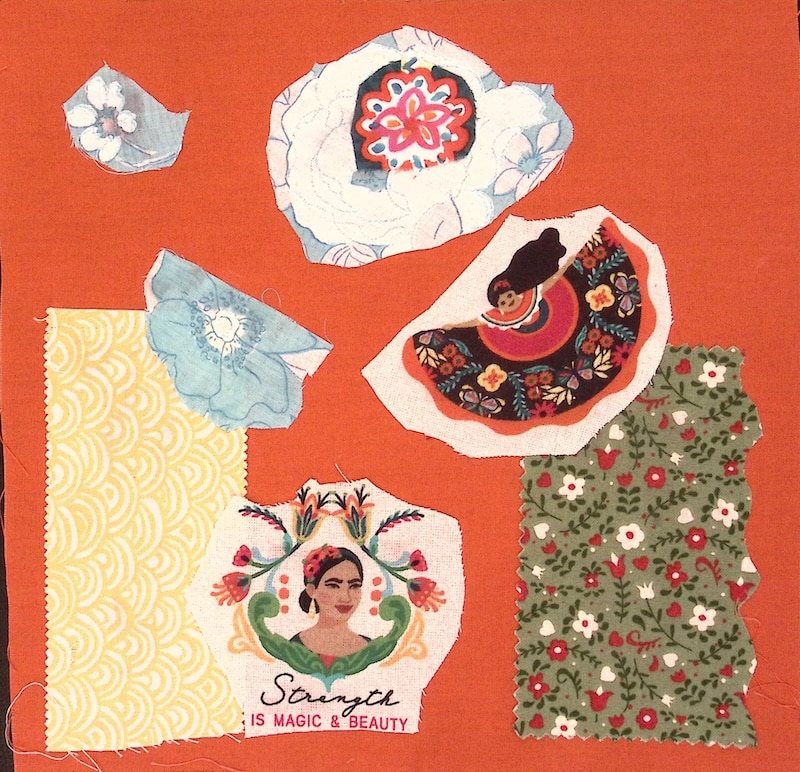 An orange square with dancers and floral patterns