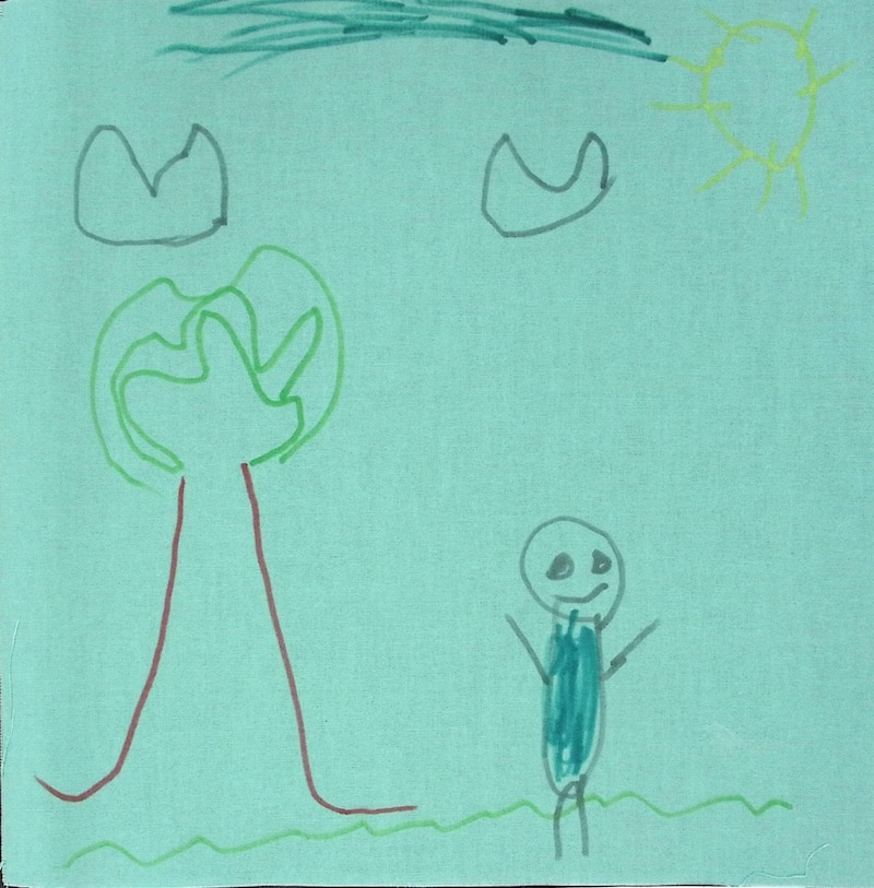 Light blue square with a stick figure drawing and a tree, sun
