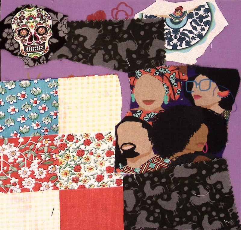 Purple background with patchwork patterns at left, faces, and a skull