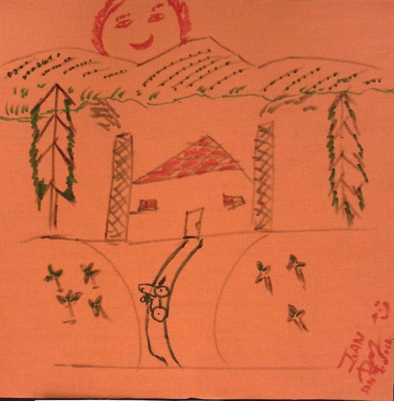 An orange square with a drawing of a house, a pathway and two trees.
